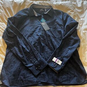 Van Heusen Dark Blue Tonal Print Slim Fit Button Down NWT